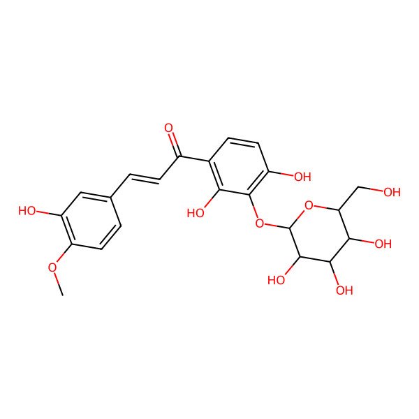 2D Structure of (E)-1-[2,4-dihydroxy-3-[(2R,3S,4R,5R,6S)-3,4,5-trihydroxy-6-(hydroxymethyl)oxan-2-yl]oxyphenyl]-3-(3-hydroxy-4-methoxyphenyl)prop-2-en-1-one