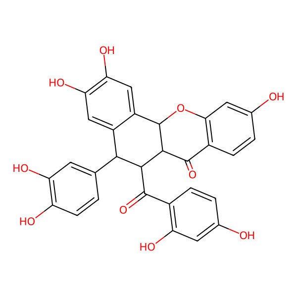 2D Structure of (5R,6S,6aR,12aS)-6-(2,4-dihydroxybenzoyl)-5-(3,4-dihydroxyphenyl)-2,3,10-trihydroxy-5,6,6a,12a-tetrahydrobenzo[c]xanthen-7-one