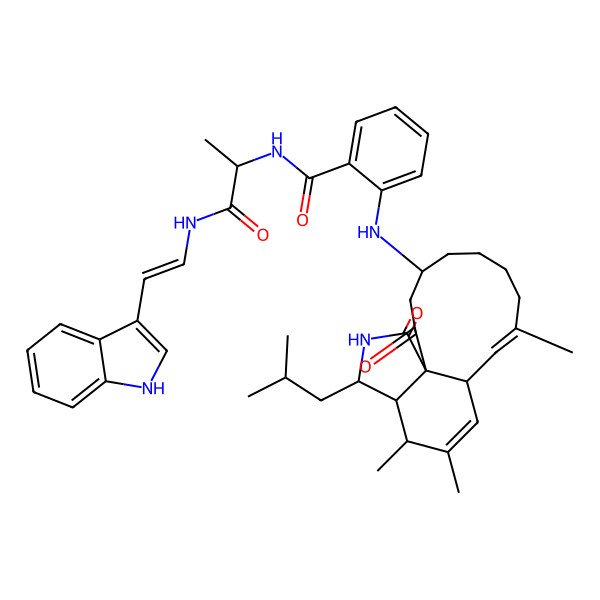 2D Structure of N-[1-[2-(1H-indol-3-yl)ethenylamino]-1-oxopropan-2-yl]-2-[[9,13,14-trimethyl-16-(2-methylpropyl)-2,18-dioxo-17-azatricyclo[9.7.0.01,15]octadeca-9,12-dien-4-yl]amino]benzamide