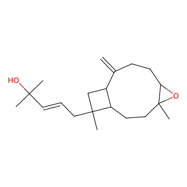 2D Structure of (E)-5-[(1R,4R,6R,10S,12S)-4,12-dimethyl-9-methylidene-5-oxatricyclo[8.2.0.04,6]dodecan-12-yl]-2-methylpent-3-en-2-ol