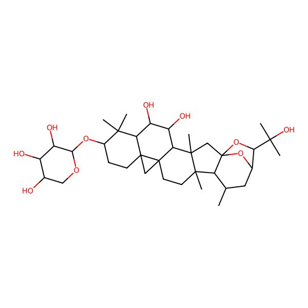 2D Structure of (2S,3R,4S,5R)-2-[[(1R,3S,4R,5R,6R,7S,9S,12R,14S,17R,18R,19R,21R,22S)-5,6-dihydroxy-22-(2-hydroxypropan-2-yl)-3,8,8,17,19-pentamethyl-23,24-dioxaheptacyclo[19.2.1.01,18.03,17.04,14.07,12.012,14]tetracosan-9-yl]oxy]oxane-3,4,5-triol
