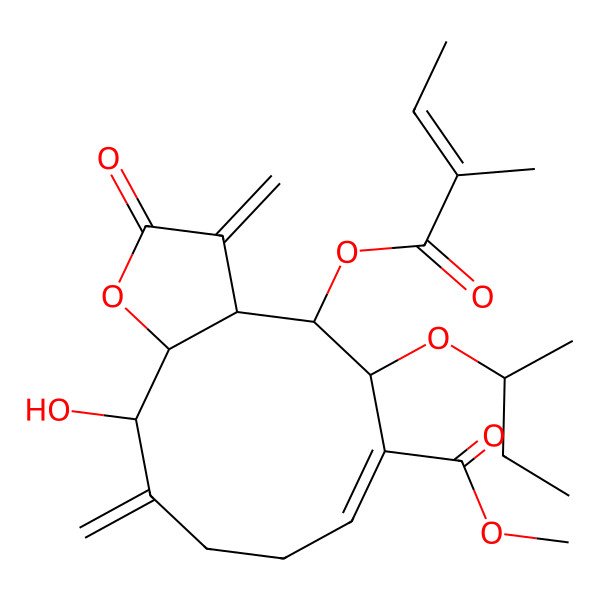 2D Structure of methyl (3aS,4S,5S,6E,11S,11aS)-5-[(2S)-butan-2-yl]oxy-11-hydroxy-4-[(Z)-2-methylbut-2-enoyl]oxy-3,10-dimethylidene-2-oxo-4,5,8,9,11,11a-hexahydro-3aH-cyclodeca[b]furan-6-carboxylate