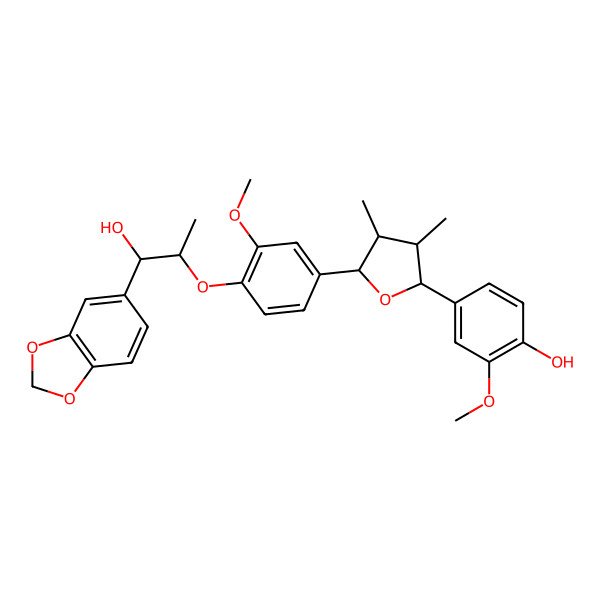 2D Structure of 4-[(2S,3R,4R,5S)-5-[4-[(1R,2R)-1-(1,3-benzodioxol-5-yl)-1-hydroxypropan-2-yl]oxy-3-methoxyphenyl]-3,4-dimethyloxolan-2-yl]-2-methoxyphenol