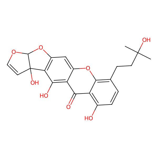 2D Structure of 2,4,18-Trihydroxy-15-(3-hydroxy-3-methylbutyl)-7,9,13-trioxapentacyclo[10.8.0.03,10.04,8.014,19]icosa-1,3(10),5,11,14,16,18-heptaen-20-one