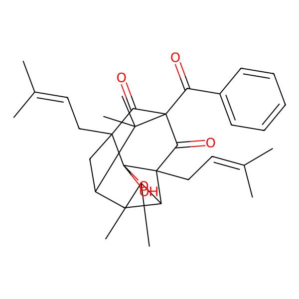 2D Structure of (1S,3S,7R,9R,11R)-1-benzoyl-4-hydroxy-6,6,13,13-tetramethyl-3,11-bis(3-methylbut-2-enyl)-5-oxatetracyclo[7.3.1.03,7.04,11]tridecane-2,12-dione