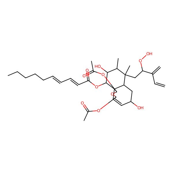 2D Structure of [(1S,3R,5R,6aS,7S,8S,9R,10S,10aS)-1,3-diacetyloxy-7-[(2R)-2-hydroperoxy-3-methylidenepent-4-enyl]-5,9-dihydroxy-7,8-dimethyl-1,3,5,6,6a,8,9,10-octahydrobenzo[d][2]benzofuran-10-yl] (2E,4E)-deca-2,4-dienoate