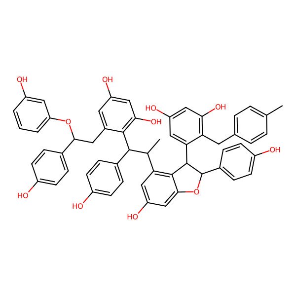 2D Structure of 4-[(1S,2R)-2-[(2R,3R)-3-[3,5-dihydroxy-2-[(4-methylphenyl)methyl]phenyl]-6-hydroxy-2-(4-hydroxyphenyl)-2,3-dihydro-1-benzofuran-4-yl]-1-(4-hydroxyphenyl)propyl]-5-[(2S)-2-(3-hydroxyphenoxy)-2-(4-hydroxyphenyl)ethyl]benzene-1,3-diol