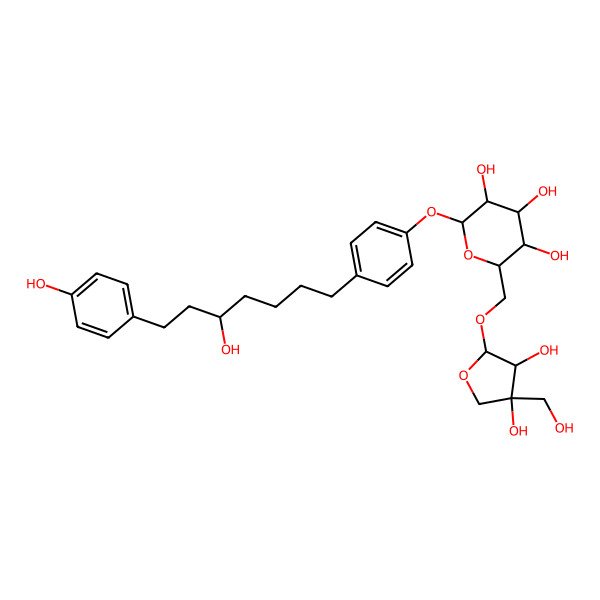 2D Structure of (2R,3S,4S,5R,6S)-2-[[(2R,3R,4R)-3,4-dihydroxy-4-(hydroxymethyl)oxolan-2-yl]oxymethyl]-6-[4-[(5R)-5-hydroxy-7-(4-hydroxyphenyl)heptyl]phenoxy]oxane-3,4,5-triol