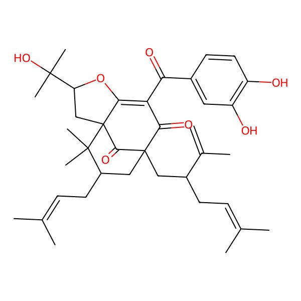 2D Structure of (1S,3R,8S,10S)-6-(3,4-dihydroxybenzoyl)-3-(2-hydroxypropan-2-yl)-11,11-dimethyl-10-(3-methylbut-2-enyl)-8-[(2S)-5-methyl-2-prop-1-en-2-ylhex-4-enyl]-4-oxatricyclo[6.3.1.01,5]dodec-5-ene-7,12-dione
