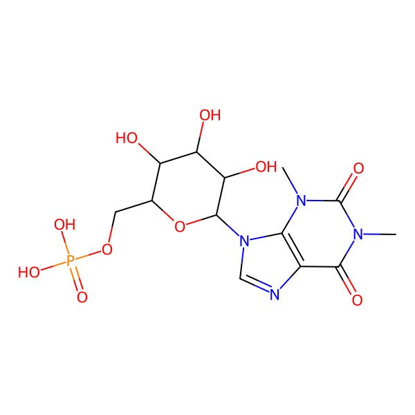 2D Structure of [(2R,3S,4S,5R,6R)-6-(1,3-dimethyl-2,6-dioxopurin-9-yl)-3,4,5-trihydroxyoxan-2-yl]methyl dihydrogen phosphate