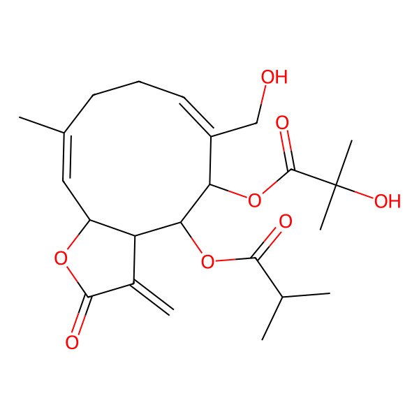 2D Structure of [(3aS,4S,5S,6Z,10E,11aR)-6-(hydroxymethyl)-10-methyl-3-methylidene-4-(2-methylpropanoyloxy)-2-oxo-3a,4,5,8,9,11a-hexahydrocyclodeca[b]furan-5-yl] 2-hydroxy-2-methylpropanoate