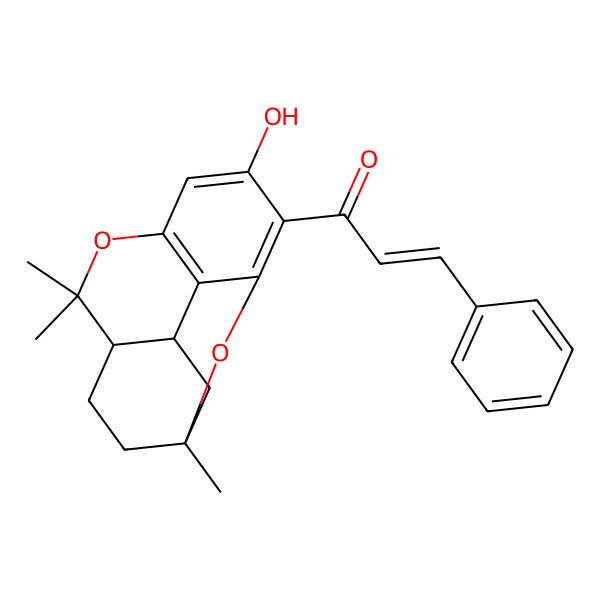 2D Structure of (E)-1-[(1R,4S,13R)-9-hydroxy-1,5,5-trimethyl-6,15-dioxatetracyclo[9.3.1.04,13.07,12]pentadeca-7(12),8,10-trien-10-yl]-3-phenylprop-2-en-1-one