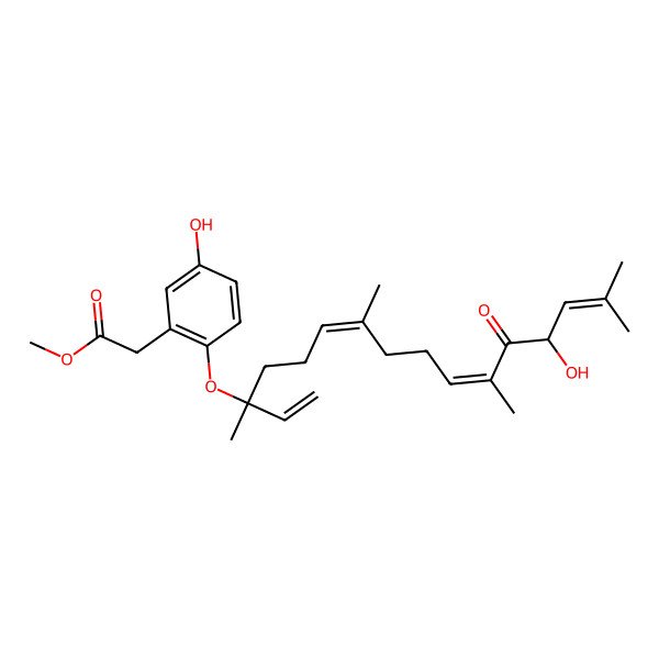 2D Structure of methyl 2-[5-hydroxy-2-[(6E,10E,13S)-13-hydroxy-3,7,11,15-tetramethyl-12-oxohexadeca-1,6,10,14-tetraen-3-yl]oxyphenyl]acetate