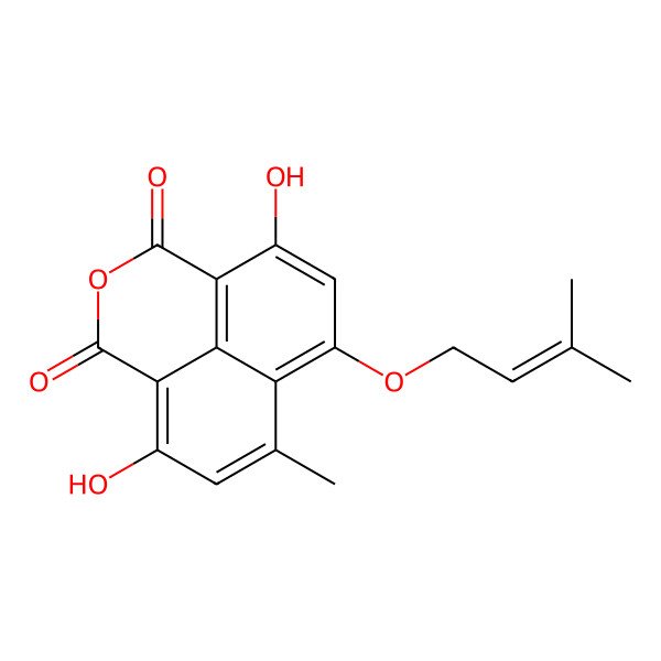 2D Structure of 6,12-dihydroxy-8-methyl-10-(3-methylbut-2-enoxy)-3-oxatricyclo[7.3.1.05,13]trideca-1(13),5,7,9,11-pentaene-2,4-dione