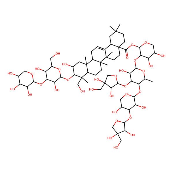 2D Structure of [(2R,3S,4R,5R)-3-[(2S,3R,4R,5S,6S)-4-[(2S,3R,4R)-3,4-dihydroxy-4-(hydroxymethyl)oxolan-2-yl]oxy-5-[(2S,3R,4S,5R)-4-[(2S,3R,4R)-3,4-dihydroxy-4-(hydroxymethyl)oxolan-2-yl]oxy-3,5-dihydroxyoxan-2-yl]oxy-3-hydroxy-6-methyloxan-2-yl]oxy-4,5-dihydroxyoxan-2-yl] (4aS,6aR,6aS,6bR,8aR,9R,10R,11S,12aR,14bS)-10-[(2R,3R,4S,5R,6R)-3,5-dihydroxy-6-(hydroxymethyl)-4-[(2S,3R,4S,5R)-3,4,5-trihydroxyoxan-2-yl]oxyoxan-2-yl]oxy-11-hydroxy-9-(hydroxymethyl)-2,2,6a,6b,9,12a-hexamethyl-1,3,4,5,6,6a,7,8,8a,10,11,12,13,14b-tetradecahydropicene-4a-carboxylate