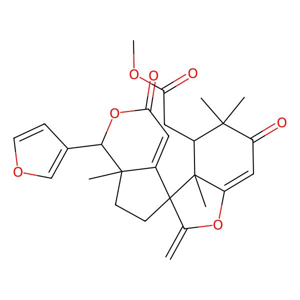 2D Structure of methyl 2-[(1'R,3R,3aR,4S,7'aR)-1'-(furan-3-yl)-3a,5,5,7'a-tetramethyl-2-methylidene-3',6-dioxospiro[4H-1-benzofuran-3,5'-6,7-dihydro-1H-cyclopenta[c]pyran]-4-yl]acetate
