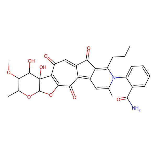 2D Structure of 2-(15,16-Dihydroxy-17-methoxy-6,18-dimethyl-2,10,13-trioxo-8-propyl-19,21-dioxa-7-azapentacyclo[12.7.0.03,11.04,9.015,20]henicosa-1(14),3,5,8,11-pentaen-7-yl)benzamide