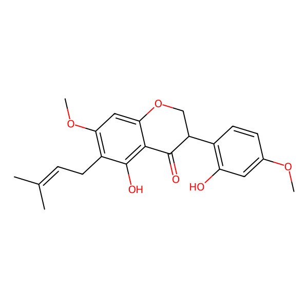 2D Structure of (3S)-5-hydroxy-3-(2-hydroxy-4-methoxyphenyl)-7-methoxy-6-(3-methylbut-2-enyl)-2,3-dihydrochromen-4-one