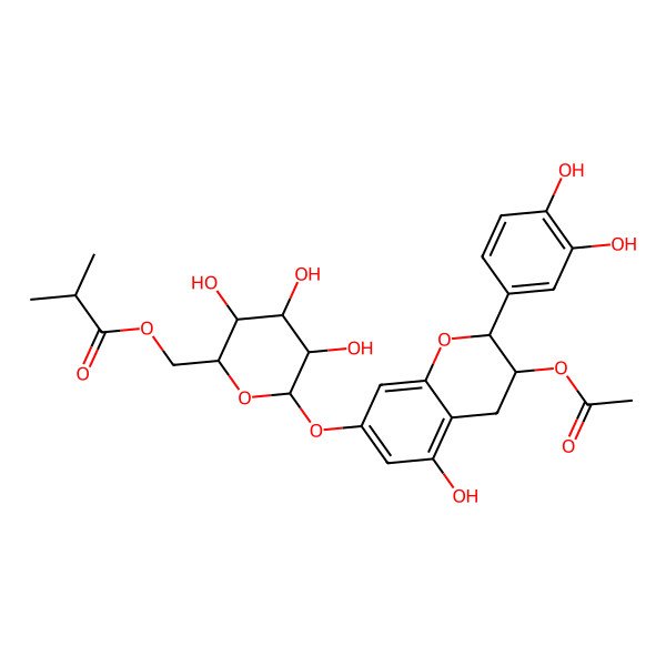 2D Structure of [6-[[3-acetyloxy-2-(3,4-dihydroxyphenyl)-5-hydroxy-3,4-dihydro-2H-chromen-7-yl]oxy]-3,4,5-trihydroxyoxan-2-yl]methyl 2-methylpropanoate