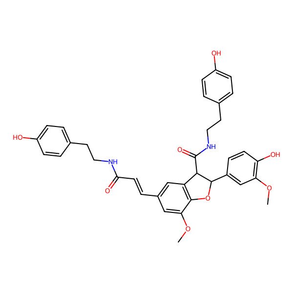 2D Structure of 2-(4-hydroxy-3-methoxyphenyl)-N-[2-(4-hydroxyphenyl)ethyl]-5-[3-[2-(4-hydroxyphenyl)ethylamino]-3-oxoprop-1-enyl]-7-methoxy-2,3-dihydro-1-benzofuran-3-carboxamide