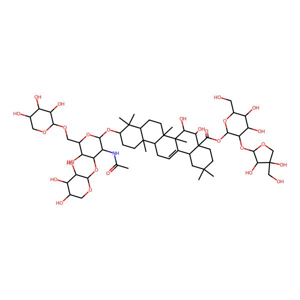 2D Structure of [(2S,3R,4S,5S,6R)-3-[(2S,3R,4R)-3,4-dihydroxy-4-(hydroxymethyl)oxolan-2-yl]oxy-4,5-dihydroxy-6-(hydroxymethyl)oxan-2-yl] (4aR,5S,6R,6aR,6aS,6bR,8aR,10S,12aR,14bS)-10-[(2R,3R,4R,5S,6R)-3-acetamido-5-hydroxy-4-[(2S,3R,4S,5R)-3,4,5-trihydroxyoxan-2-yl]oxy-6-[[(2R,3R,4R,5R)-3,4,5-trihydroxyoxan-2-yl]oxymethyl]oxan-2-yl]oxy-5,6-dihydroxy-2,2,6a,6b,9,9,12a-heptamethyl-1,3,4,5,6,6a,7,8,8a,10,11,12,13,14b-tetradecahydropicene-4a-carboxylate
