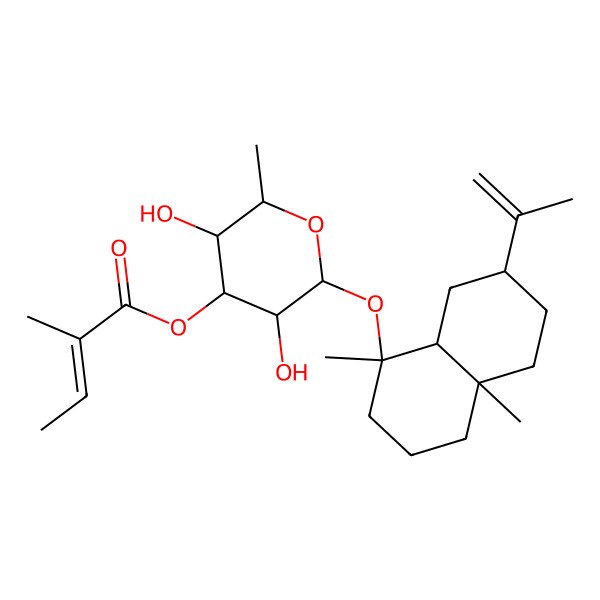2D Structure of [(2S,3R,4S,5R,6R)-2-[[(1R,4aR,7R,8aR)-1,4a-dimethyl-7-prop-1-en-2-yl-2,3,4,5,6,7,8,8a-octahydronaphthalen-1-yl]oxy]-3,5-dihydroxy-6-methyloxan-4-yl] (E)-2-methylbut-2-enoate