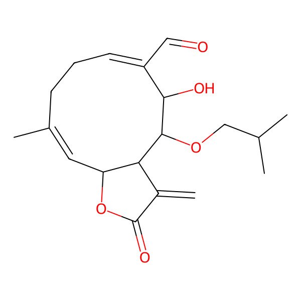 2D Structure of 5-Hydroxy-10-methyl-3-methylidene-4-(2-methylpropoxy)-2-oxo-3a,4,5,8,9,11a-hexahydrocyclodeca[b]furan-6-carbaldehyde
