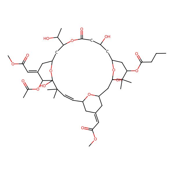 2D Structure of [(1S,3S,5Z,7R,8Z,11S,12S,13E,15S,17R,21R,23R,25S)-12-acetyloxy-1,11,21-trihydroxy-17-[(1R)-1-hydroxyethyl]-5,13-bis(2-methoxy-2-oxoethylidene)-10,10,26,26-tetramethyl-19-oxo-18,27,28,29-tetraoxatetracyclo[21.3.1.13,7.111,15]nonacos-8-en-25-yl] butanoate