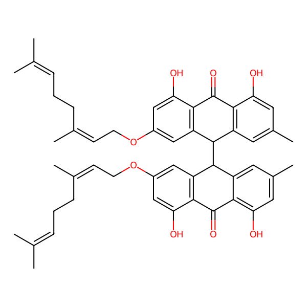 2D Structure of (10R)-3-[(2E)-3,7-dimethylocta-2,6-dienoxy]-10-[(9R)-2-[(2E)-3,7-dimethylocta-2,6-dienoxy]-4,5-dihydroxy-7-methyl-10-oxo-9H-anthracen-9-yl]-1,8-dihydroxy-6-methyl-10H-anthracen-9-one