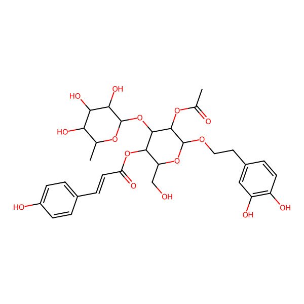 2D Structure of [5-Acetyloxy-6-[2-(3,4-dihydroxyphenyl)ethoxy]-2-(hydroxymethyl)-4-(3,4,5-trihydroxy-6-methyloxan-2-yl)oxyoxan-3-yl] 3-(4-hydroxyphenyl)prop-2-enoate