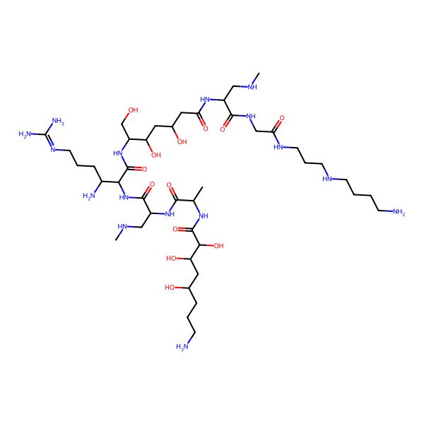2D Structure of 8-amino-N-[1-[[1-[[3-amino-1-[[7-[[1-[[2-[3-(4-aminobutylamino)propylamino]-2-oxoethyl]amino]-3-(methylamino)-1-oxopropan-2-yl]amino]-1,3,5-trihydroxy-7-oxoheptan-2-yl]amino]-6-(diaminomethylideneamino)-1-oxohexan-2-yl]amino]-3-(methylamino)-1-oxopropan-2-yl]amino]-1-oxopropan-2-yl]-2,3,5-trihydroxyoctanamide