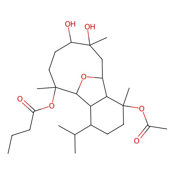 2D Structure of [(1R,2S,3R,6R,7R,8R,9S,12S,13S)-3-acetyloxy-12,13-dihydroxy-3,9,13-trimethyl-6-propan-2-yl-15-oxatricyclo[6.6.1.02,7]pentadecan-9-yl] butanoate
