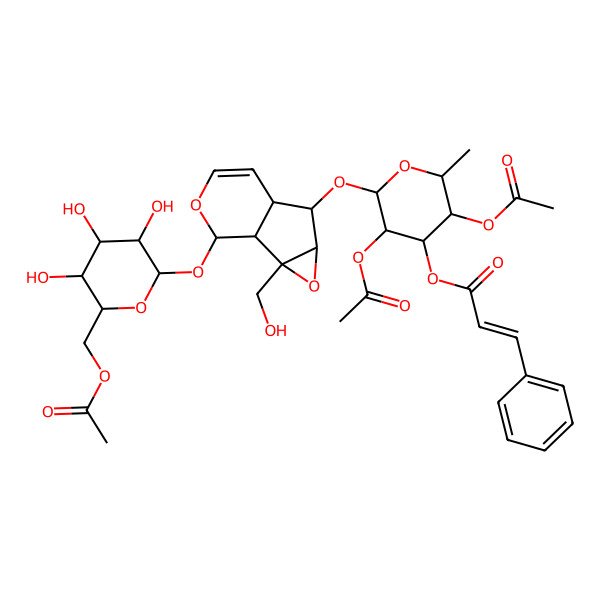 2D Structure of [(2S,3R,4R,5S,6S)-3,5-diacetyloxy-2-[[(1S,2S,4S,5S,6R,10S)-10-[(2S,3R,4S,5S,6R)-6-(acetyloxymethyl)-3,4,5-trihydroxyoxan-2-yl]oxy-2-(hydroxymethyl)-3,9-dioxatricyclo[4.4.0.02,4]dec-7-en-5-yl]oxy]-6-methyloxan-4-yl] (E)-3-phenylprop-2-enoate