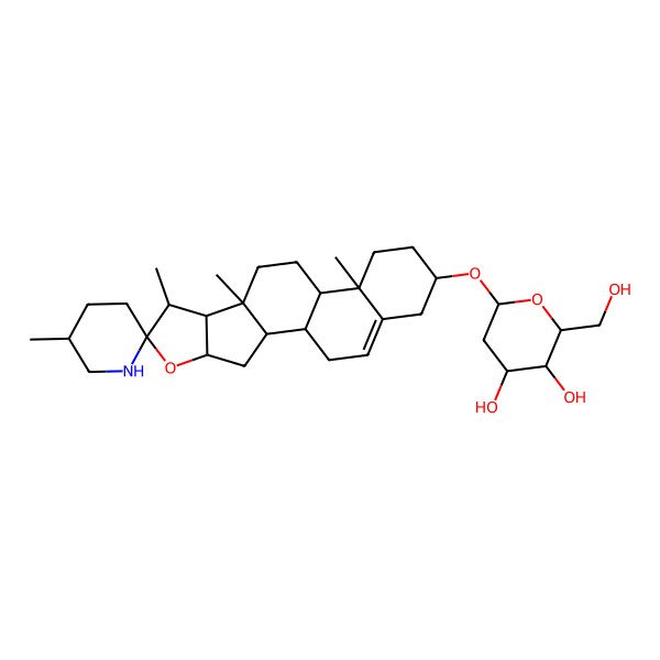 2D Structure of 2-(Hydroxymethyl)-6-(5',7,9,13-tetramethylspiro[5-oxapentacyclo[10.8.0.02,9.04,8.013,18]icos-18-ene-6,2'-piperidine]-16-yl)oxyoxane-3,4-diol