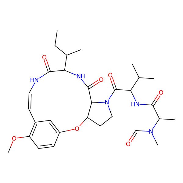 2D Structure of N-[1-(10-butan-2-yl-16-methoxy-8,11-dioxo-2-oxa-6,9,12-triazatricyclo[13.3.1.03,7]nonadeca-1(19),13,15,17-tetraen-6-yl)-3-methyl-1-oxobutan-2-yl]-2-[formyl(methyl)amino]propanamide