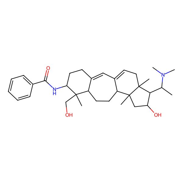 2D Structure of N-[(6S,7R,8R,11S,12S,14R,15S,16R)-15-[(1R)-1-(dimethylamino)ethyl]-14-hydroxy-7-(hydroxymethyl)-7,12,16-trimethyl-6-tetracyclo[9.7.0.03,8.012,16]octadeca-1(18),2-dienyl]benzamide
