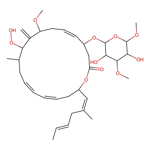 2D Structure of 4-(3,5-Dihydroxy-4,6-dimethoxyoxan-2-yl)oxy-10-hydroperoxy-8-methoxy-11-methyl-18-(2-methylhexa-1,4-dienyl)-9-methylidene-1-oxacyclooctadeca-5,13,15-trien-2-one
