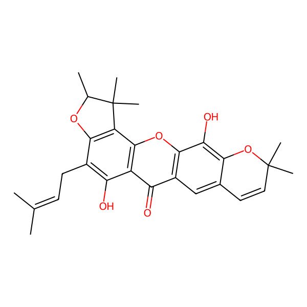 2D Structure of 10,21-Dihydroxy-5,5,6,18,18-pentamethyl-9-(3-methylbut-2-enyl)-2,7,19-trioxapentacyclo[11.8.0.03,11.04,8.015,20]henicosa-1(13),3(11),4(8),9,14,16,20-heptaen-12-one