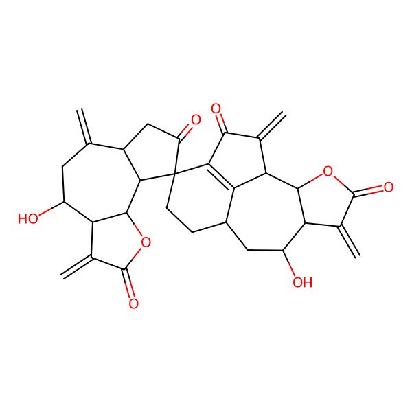 2D Structure of 4',7-dihydroxy-3',5,6',15-tetramethylidenespiro[3-oxatetracyclo[7.6.1.02,6.013,16]hexadec-13(16)-ene-12,9'-4,5,6a,7,9a,9b-hexahydro-3aH-azuleno[4,5-b]furan]-2',4,8',14-tetrone