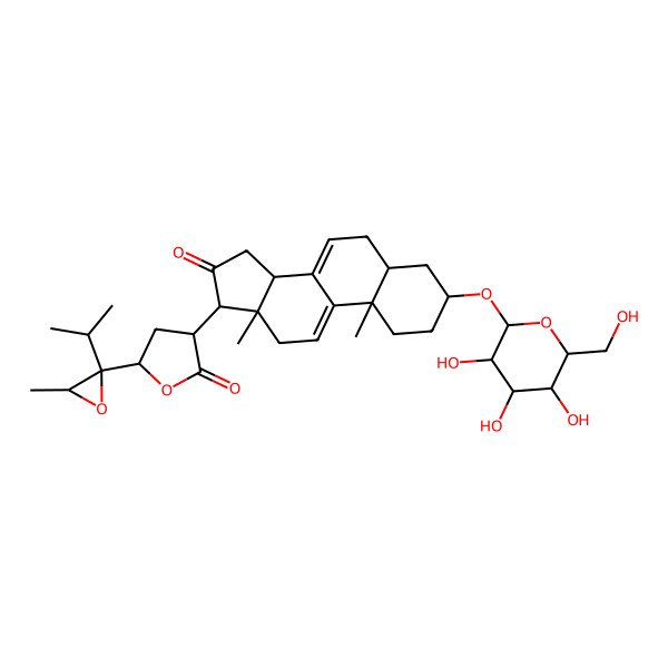 2D Structure of (3R,5S)-3-[(3S,5S,10S,13S,14R,17R)-10,13-dimethyl-16-oxo-3-[(2R,3R,4S,5S,6R)-3,4,5-trihydroxy-6-(hydroxymethyl)oxan-2-yl]oxy-1,2,3,4,5,6,12,14,15,17-decahydrocyclopenta[a]phenanthren-17-yl]-5-[(2R,3S)-3-methyl-2-propan-2-yloxiran-2-yl]oxolan-2-one