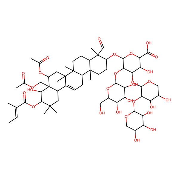 2D Structure of (2S,3S,4S,5R,6R)-6-[[(3S,4S,4aR,6aR,6bS,8R,8aS,9R,10R,12aS,14aR,14bR)-8-acetyloxy-8a-(acetyloxymethyl)-4-formyl-9-hydroxy-4,6a,6b,11,11,14b-hexamethyl-10-[(E)-2-methylbut-2-enoyl]oxy-1,2,3,4a,5,6,7,8,9,10,12,12a,14,14a-tetradecahydropicen-3-yl]oxy]-4-[(2S,3R,4S,5S)-4,5-dihydroxy-3-[(2S,3R,4S,5R)-3,4,5-trihydroxyoxan-2-yl]oxyoxan-2-yl]oxy-3-hydroxy-5-[(2S,3R,4S,5R,6R)-3,4,5-trihydroxy-6-(hydroxymethyl)oxan-2-yl]oxyoxane-2-carboxylic acid