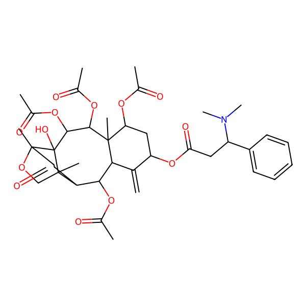 2D Structure of (3,4,6,11-Tetraacetyloxy-2-hydroxy-1,5,15-trimethyl-9-methylidene-14-oxo-16-oxatetracyclo[10.5.0.02,15.05,10]heptadecan-8-yl) 3-(dimethylamino)-3-phenylpropanoate