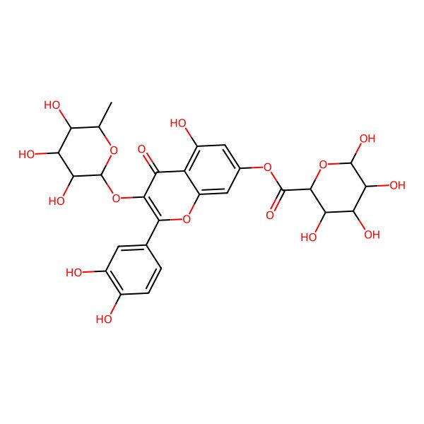 2D Structure of [2-(3,4-dihydroxyphenyl)-5-hydroxy-4-oxo-3-[(2R,3R,4R,5R,6S)-3,4,5-trihydroxy-6-methyloxan-2-yl]oxychromen-7-yl] (2S,3S,4S,5R,6R)-3,4,5,6-tetrahydroxyoxane-2-carboxylate