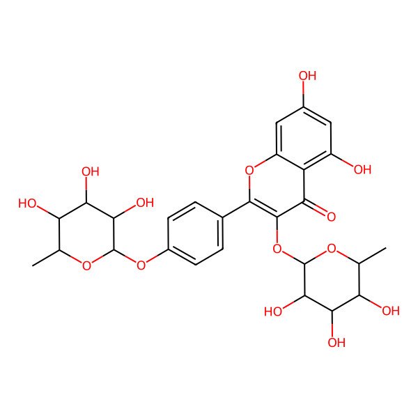 2D Structure of 5,7-dihydroxy-3-[(2S,3R,4R,5R,6S)-3,4,5-trihydroxy-6-methyloxan-2-yl]oxy-2-[4-[(2S,3R,4R,5R,6S)-3,4,5-trihydroxy-6-methyloxan-2-yl]oxyphenyl]chromen-4-one
