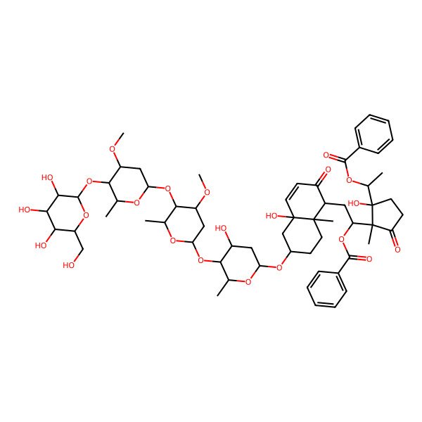 2D Structure of 1-[2-[2-[4a-hydroxy-6-[4-hydroxy-5-[4-methoxy-5-[4-methoxy-6-methyl-5-[3,4,5-trihydroxy-6-(hydroxymethyl)oxan-2-yl]oxyoxan-2-yl]oxy-6-methyloxan-2-yl]oxy-6-methyloxan-2-yl]oxy-8a-methyl-2-oxo-5,6,7,8-tetrahydro-1H-naphthalen-1-yl]-1-benzoyloxyethyl]-1-hydroxy-2-methyl-3-oxocyclopentyl]ethyl benzoate