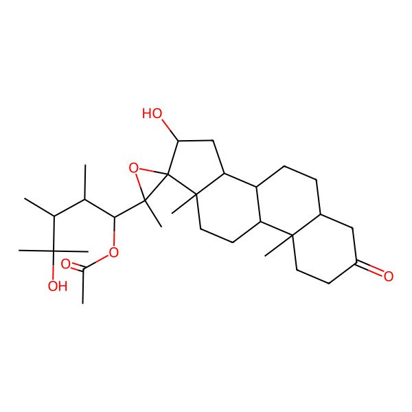 2D Structure of [4-hydroxy-1-(16-hydroxy-2',10,13-trimethyl-3-oxospiro[2,4,5,6,7,8,9,11,12,14,15,16-dodecahydro-1H-cyclopenta[a]phenanthrene-17,3'-oxirane]-2'-yl)-2,3,4-trimethylpentyl] acetate