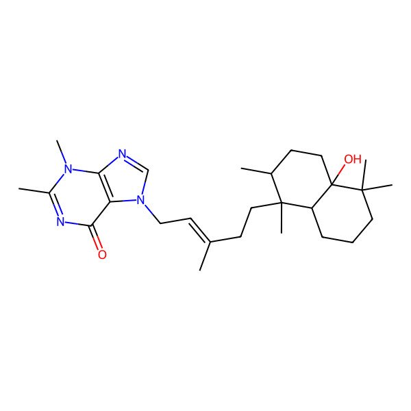 2D Structure of 7-[(E)-5-[(1S,2R,4aS,8aR)-4a-hydroxy-1,2,5,5-tetramethyl-3,4,6,7,8,8a-hexahydro-2H-naphthalen-1-yl]-3-methylpent-2-enyl]-2,3-dimethylpurin-6-one