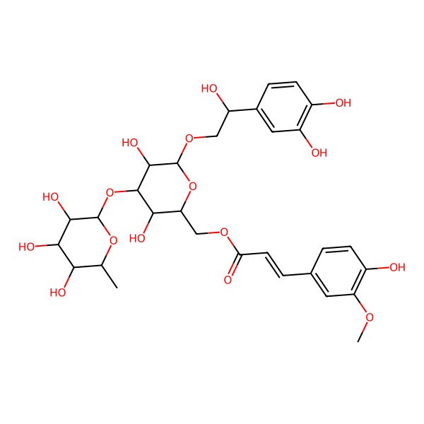 2D Structure of [(2R,3R,4S,5R,6R)-6-[(2S)-2-(3,4-dihydroxyphenyl)-2-hydroxyethoxy]-3,5-dihydroxy-4-[(2S,3R,4R,5R,6S)-3,4,5-trihydroxy-6-methyloxan-2-yl]oxyoxan-2-yl]methyl (E)-3-(4-hydroxy-3-methoxyphenyl)prop-2-enoate