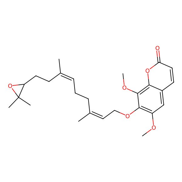 2D Structure of 2H-1-Benzopyran-2-one, 7-((9-(3,3-dimethyloxiranyl)-3,7-dimethyl-2,6-nonadienyl)oxy)-6,8-dimethoxy-, (E,E)-(-)-