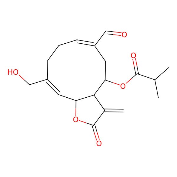2D Structure of [(3aR,4R,6E,10Z,11aR)-6-formyl-10-(hydroxymethyl)-3-methylidene-2-oxo-3a,4,5,8,9,11a-hexahydrocyclodeca[b]furan-4-yl] 2-methylpropanoate